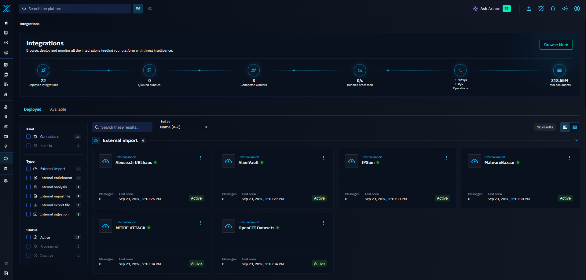 Tela de monitoramento de ingestão do OpenCTI com conectores registrados
