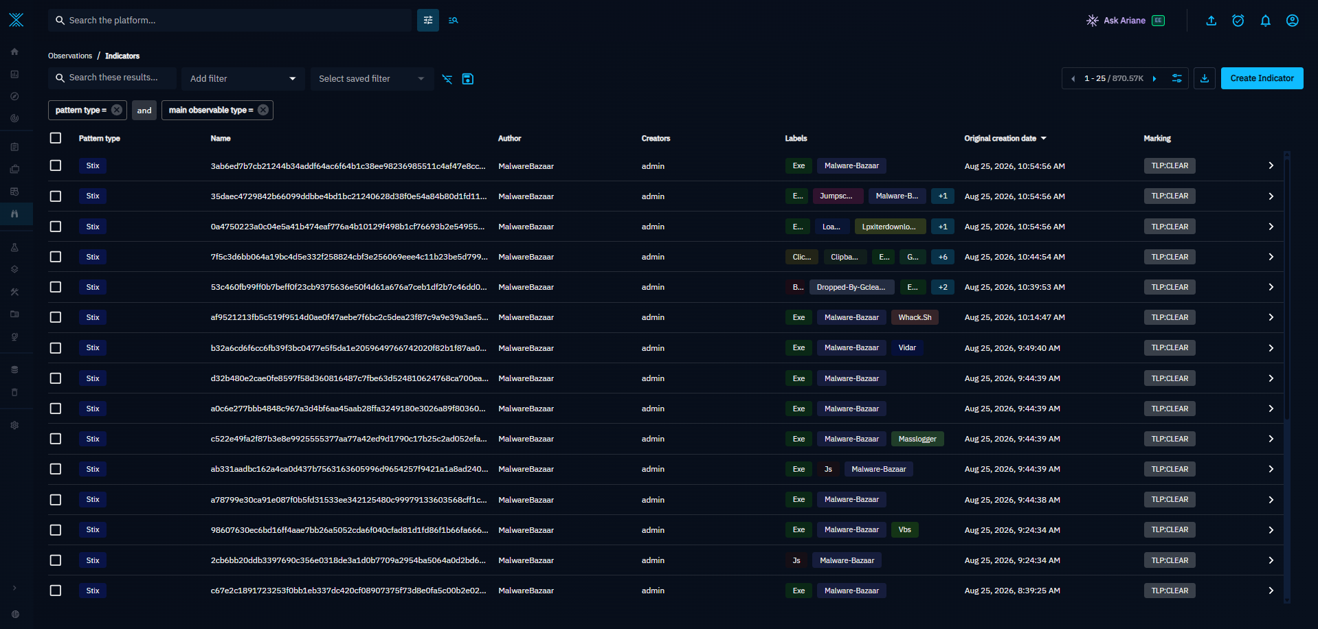 Listagem de indicadores STIX no OpenCTI